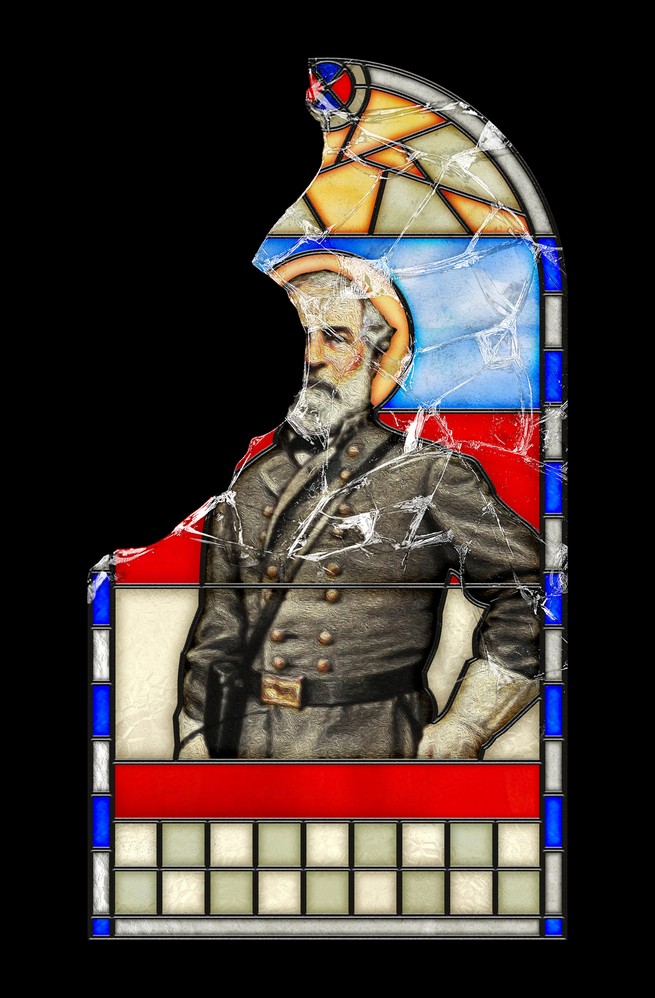 Illustration: Broken stained-glass window of Robert E. Lee in uniform