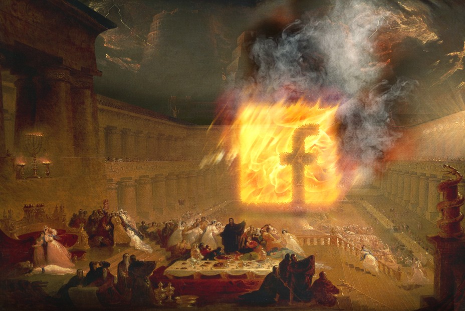 illustration with an 1820 painting of outdoor feast with people in historical dress fleeing a giant flaming Facebook logo in a colonnaded courtyard