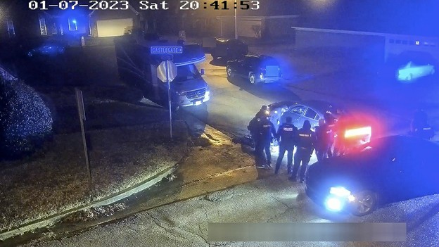 An image from the footage of officers attacking Tyre Nichols