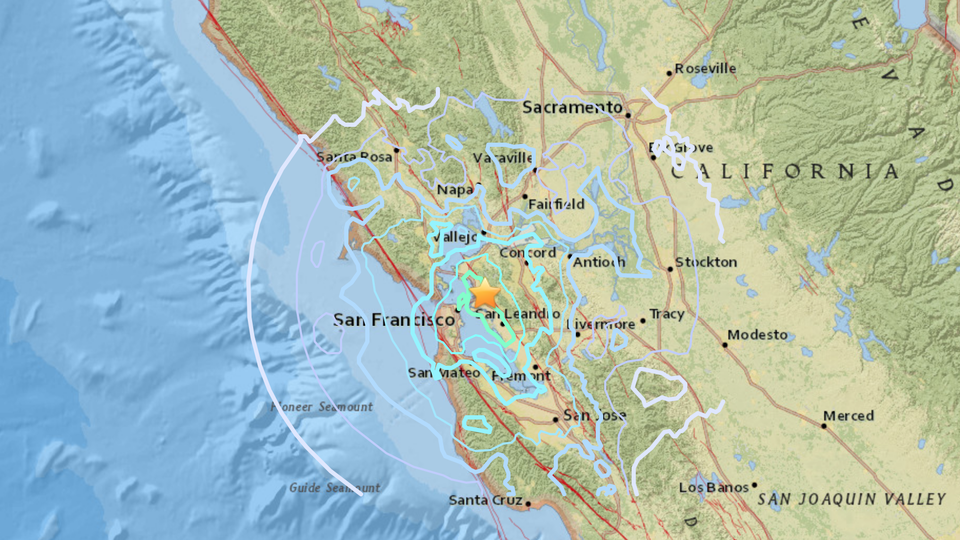 A map of California showing the epicenter of an earthquake in Oakland