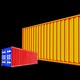 Illustration of a small shipping containers in the color of the American flag and a large one in the color of the Chinese flag