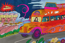 brightly painted bus driving down road with '60s-style sunset and diner waitresses with pie