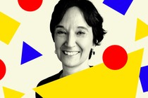 Louise Melling in black and white on a background of colorful geometric objects