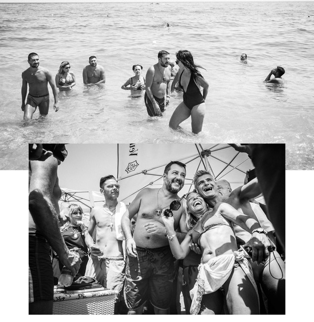 A shirtless Matteo Salvini is pictured on the beach and with supporters.