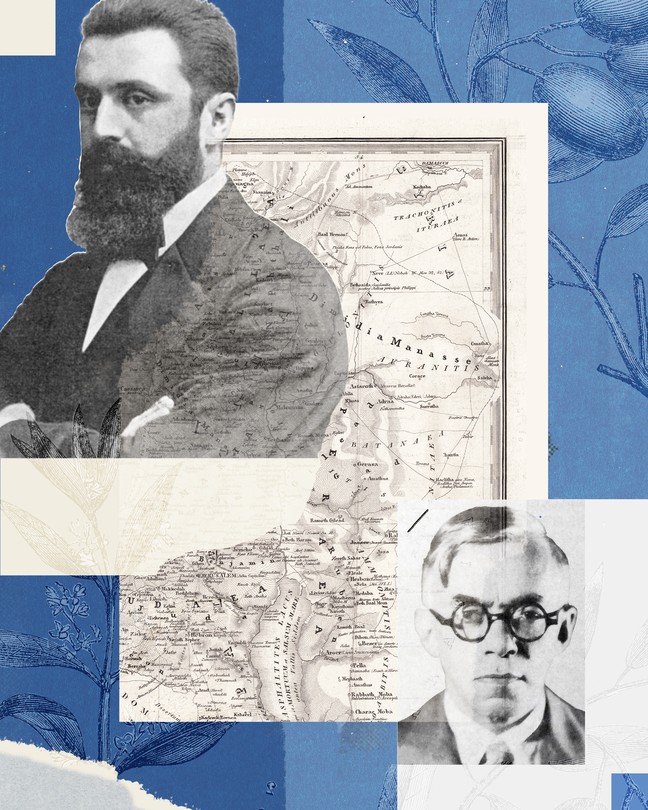 Collage with photos of Ze’ev Jabotinsky, Theodor Herzl, and a map of the Middle East