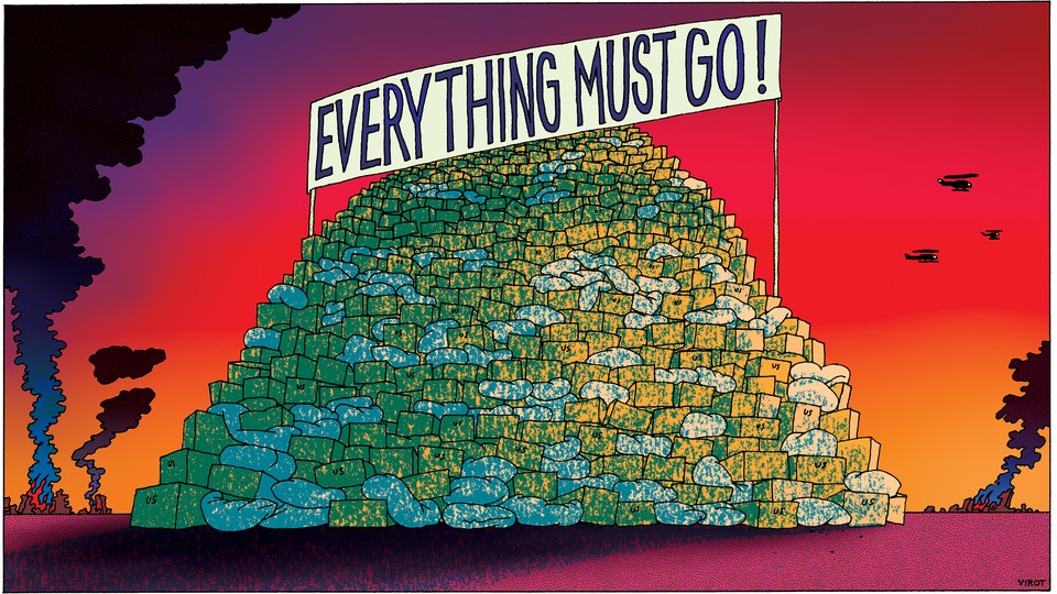 Illustration of a pile of green boxes and blue sacks labeled "EVERYTHING MUST GO!" against a red, orange, and purple background with helicopters and clouds of smoke