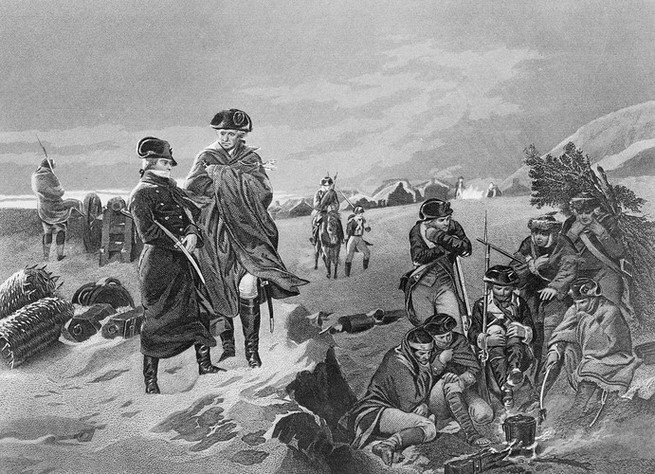 French military leader Marquis de Lafayette and General George Washington at Valley Forge encampment of the Continental Army during the winter of 1777-78