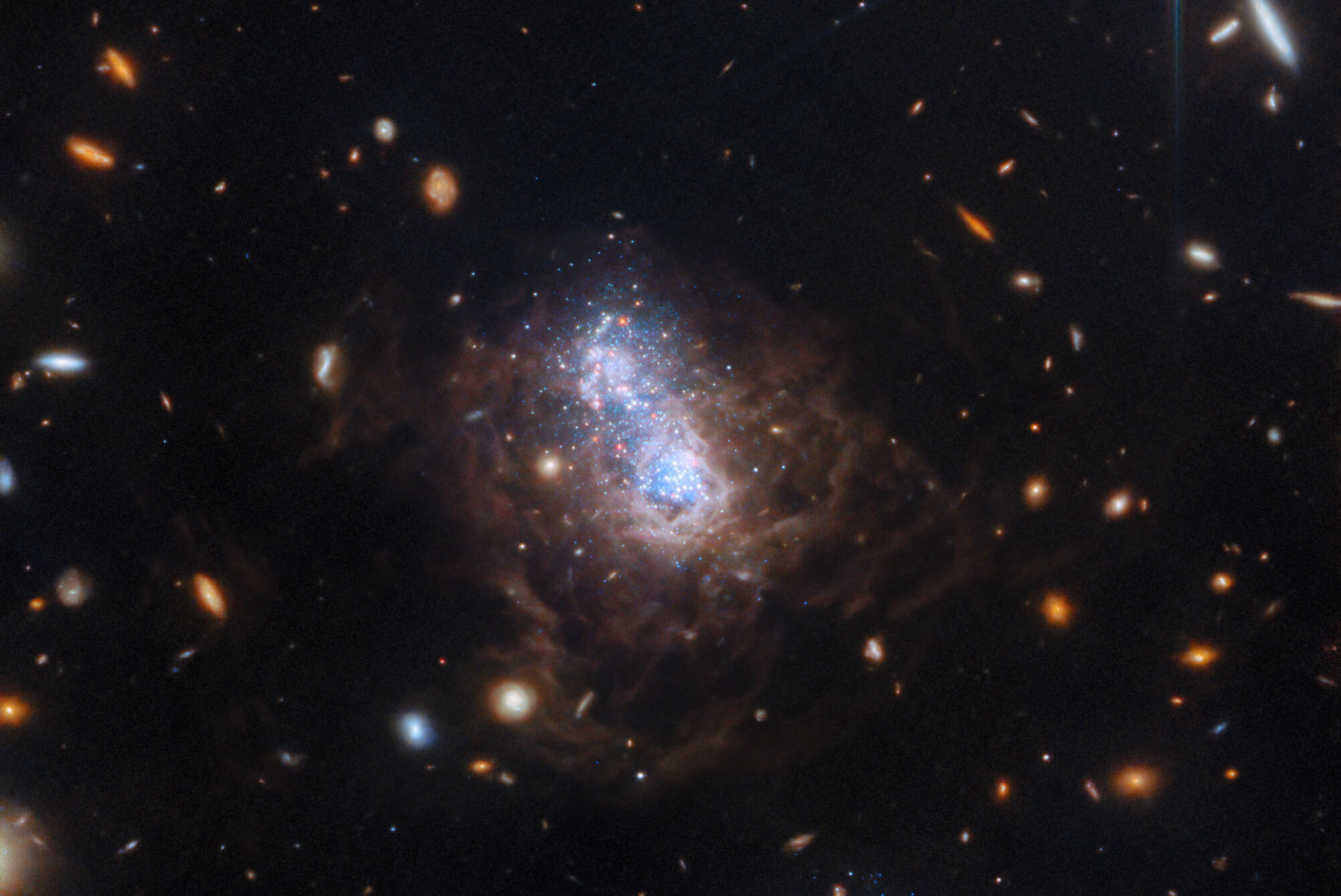 Two small clumps of bright stars appear in the center of a small irregular galaxy, surrounded by a faint cloud of dust, and backdropped by many other distant galaxies.