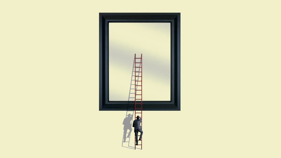 Illustration showing a man climbing a ladder to look in a large mirror