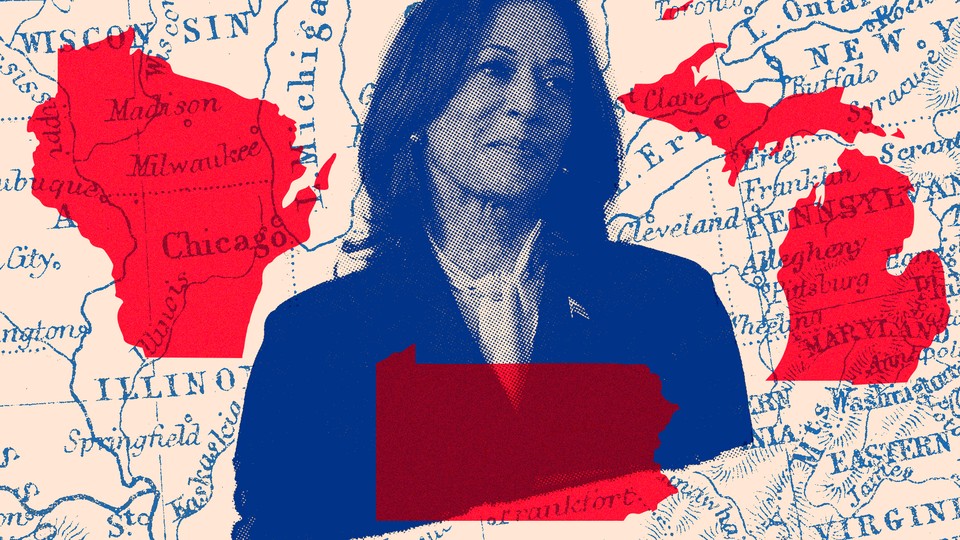 An illustration showing an image of Kamala Harris superimposed on a map of battleground states