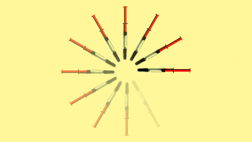 An illustration of a circle of vaccine needles, buffering