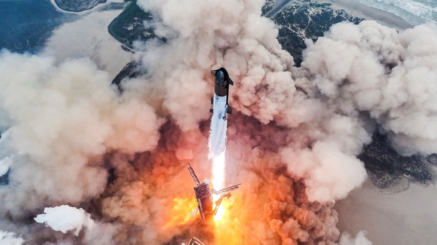 An aerial view of a rocket launching