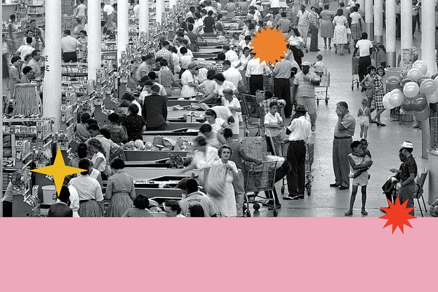 black and white photo of supermarket