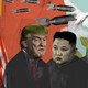 A conceptual illustration illustrating fraying relationships between the U.S. and North Korea. On the right side of the illustration, Donald Trump and Kim Jong Un smile happily as doves fly in the sky. On the left side, Donald Trump and Kim Jong Un scowl beneath nuclear bombs.