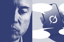 An illustration of Elon Musk and the Grok logo on a smartphone