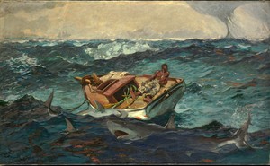 Winslow Homer's painting of rudderless, mastless small boat in rough seas surrounded by sharks, a shirtless man lying on the deck staring to the right, with ship and waterspout in distant background