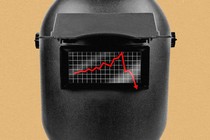 An image of a welding mask with a downward trending graph on top.