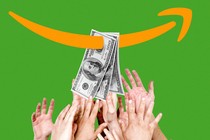 Hands grabbing for $100 bills pierced by the Amazon arrow