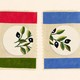 Juxtaposed stamps with the colors of the flags of Israel and Palestine and olive branches