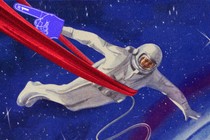 An illustration of an astronaut in a spacesuit crossing a finish line, with a foam finger in hand