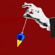 An illustration of a black-and-white hand with an American flag cufflink holding an ornament, which is blue and yellow (the colors of the Ukrainian flag) and swinging back and forth like a pendulum