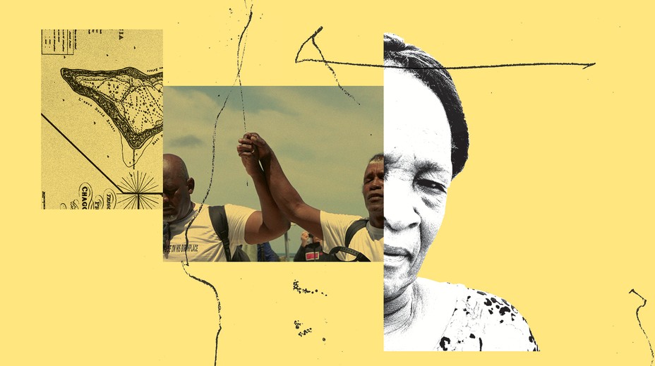 photo illustration with map, two Chagossians holding hands with arms raised, black and white image of woman's face, and scribbles on yellow background