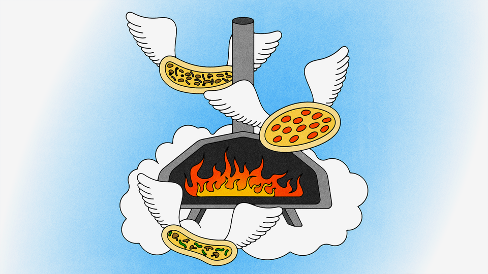 A flaming pizza oven floating in the sky with angelic pizzas surrounding