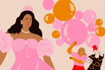 a woman in a Quinceañera gown dancing next to two women