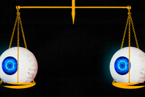 Illustration of two cybernetic eyeballs on the scales of justice