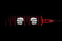 Illustration of a needle and two hands behind bars.