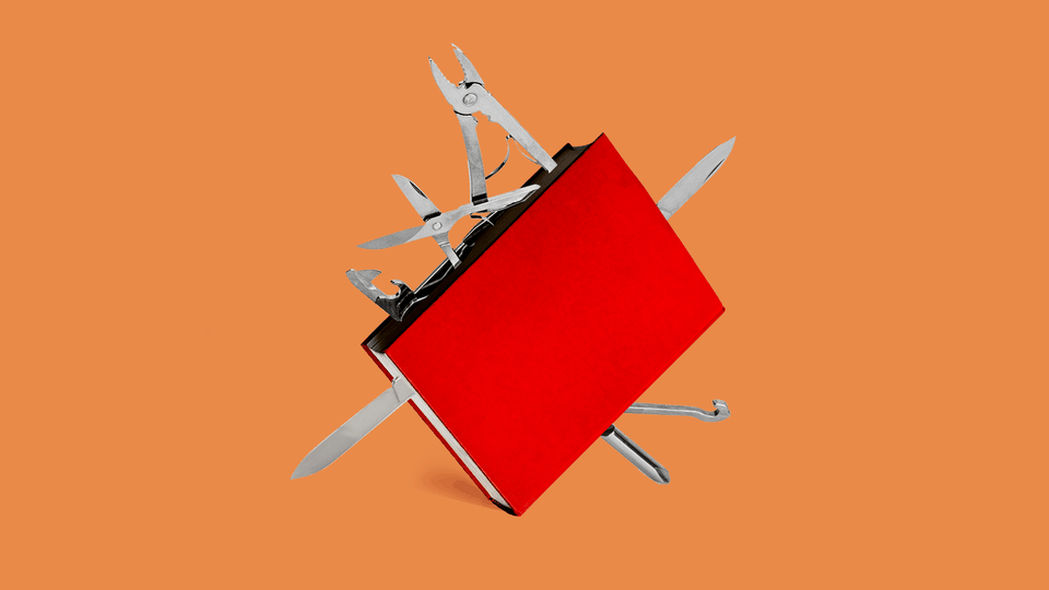 Illustration of a red book with multiple sharp tools sticking out of it, resembling a Swiss Army knife
