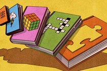 Illustration showing a stack of books of varying sizes