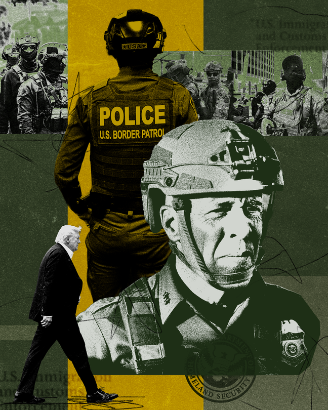 Collage showing Greg Bovino, Donald Trump, and Border Patrol officers