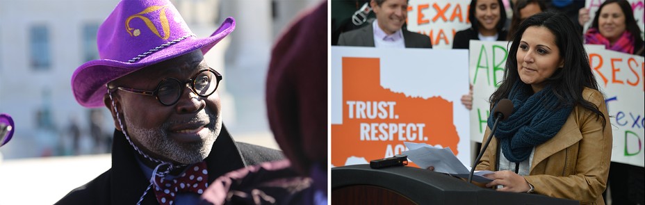 Left: Parker outside the Supreme Court in March 2016. Right: Russell speaking at a reproductive-justice event at the Texas capitol building in 2015