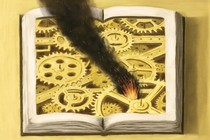 illustration of a book lying open, full of gears and cogs, with a fire starting and smoke