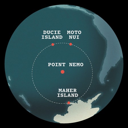 illustration of a globe with Point Nemo at the center, shown along with the circle around it formed by Ducie Island, Moto Nui, and Maher Island, along with Antarctica and South America