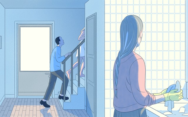 Older woman watching woman and man walk upstairs.