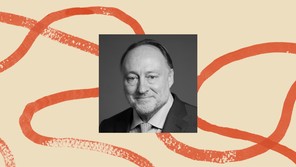 A black-and-white photo of Andrew Roberts bordered by an illustration