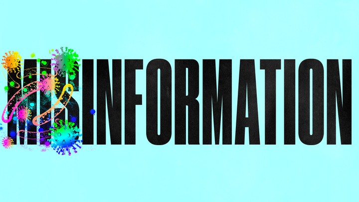 The word "misinformation" is set against a blue background, and "mis" is covered with rainbow illustrations of a virus.