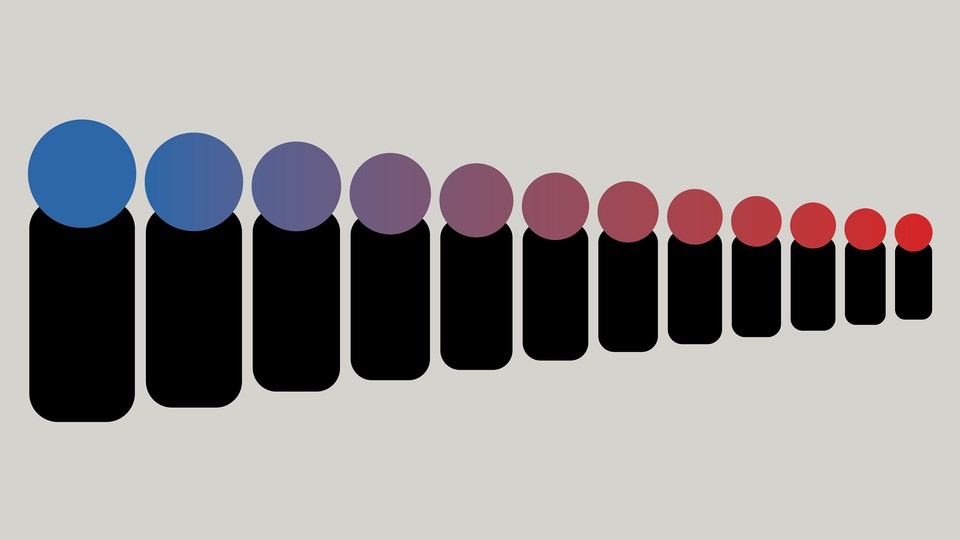 A row of diminishing black rectangles with circles atop them that vary in color from blue to purple to red