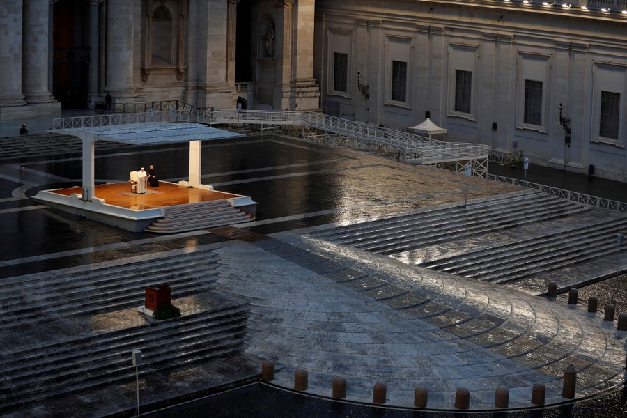 Pope Francis delivers a blessing to an empty St. Peter’s Square during COVID-19-related lockdowns.