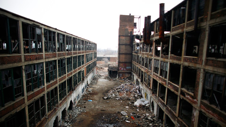 An abandoned manufacturing plant is seen decaying in Detroit, Michigan.