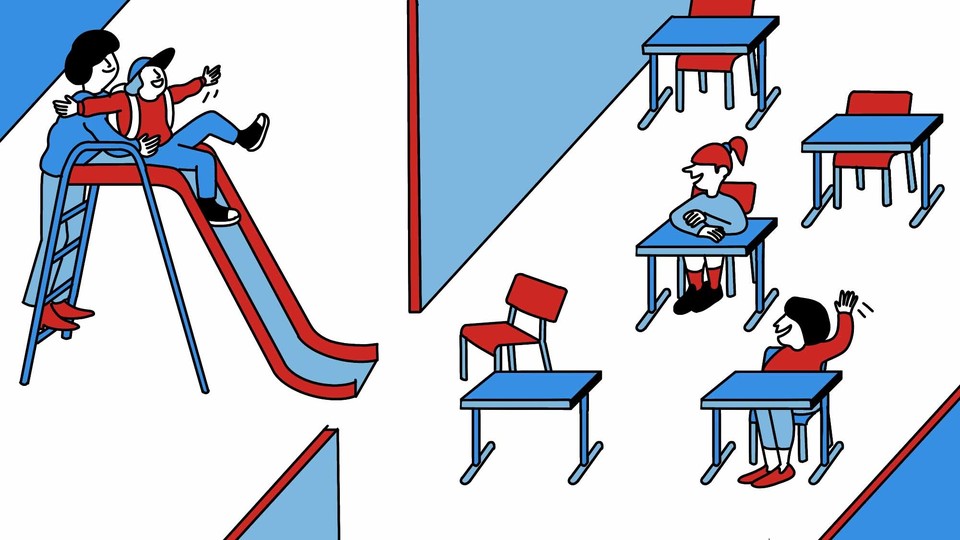 An illustration of a parent pushing a kid down a slide that leads into a classroom