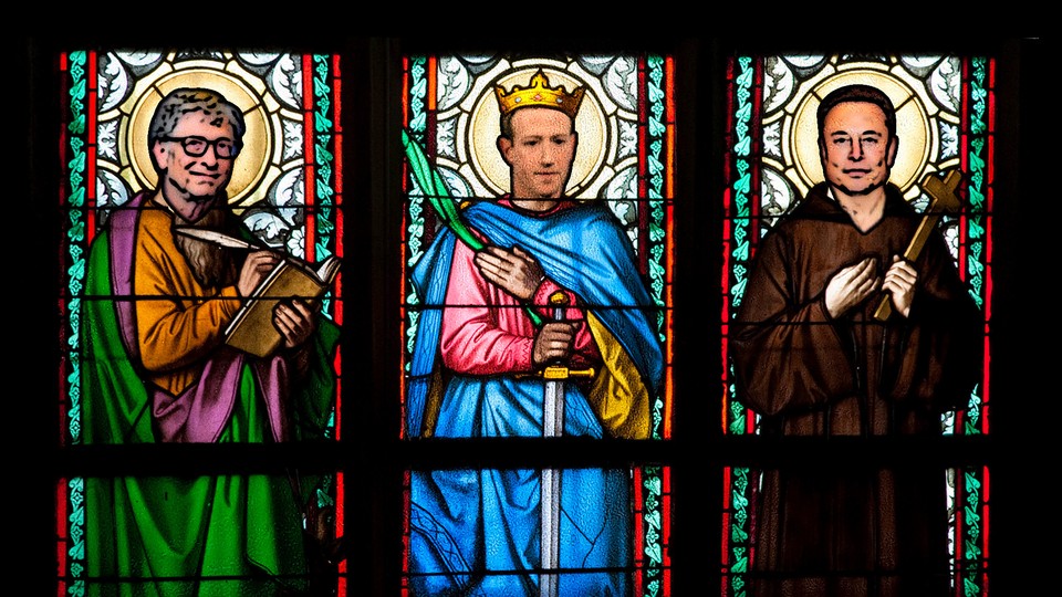 Illustration of Bill Gates, Mark Zuckerberg, and Elon Musk as stained-glass saints