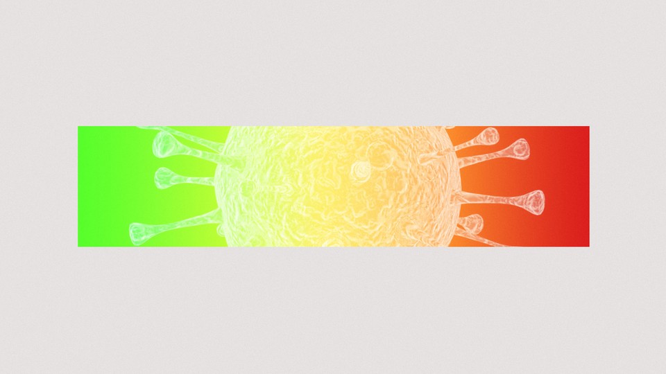 A coronavirus particle overlaid with a green-to-red gradient