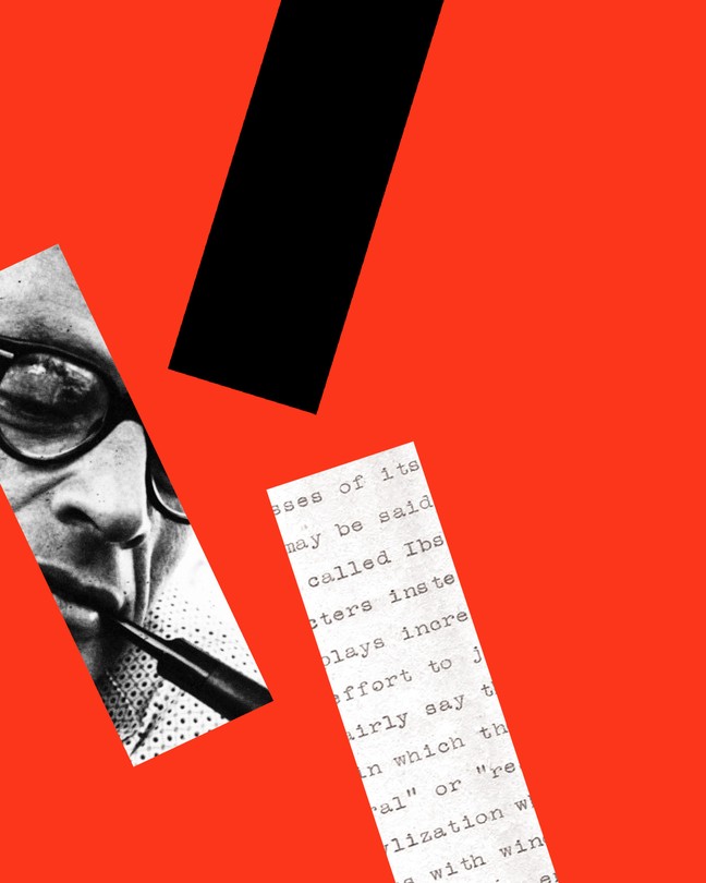 rectangular details of black-and-white photo of Miller and typewritten letter with black rectangle on red background