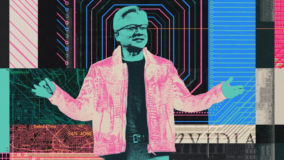 illustration of neon-colored collaged photo of Huang wearing glasses, jacket, and jeans with map of San Jose, Nvidia logo, and semiconductor diagrams