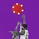 Basketball players reaching for a poker chip