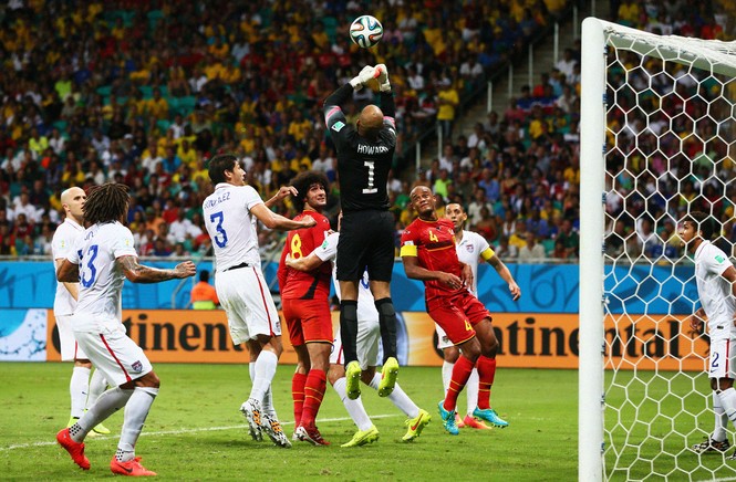 SALVADOR, BRAZIL - JULY 01:  Tim Howard of the United States defends against Belgium during the 2014 FIFA World Cup Brazil Round of 16 match between Belgium and the United States at Arena Fonte Nova on July 1, 2014 in Salvador, Brazil.  (Photo by Kevin C. Cox/Getty Images) 