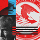 Illustrated collage of Donald Trump, the DOJ seal, Joe Biden, in red, black, and blue